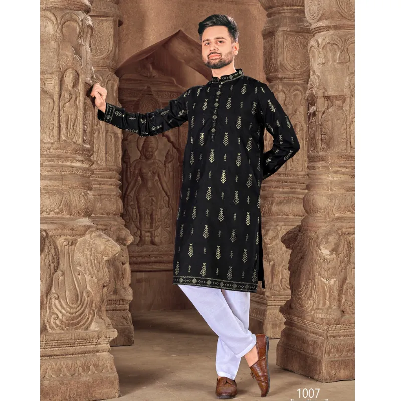 Men's Black Cotton Kurta with Foil Print and Pajama 